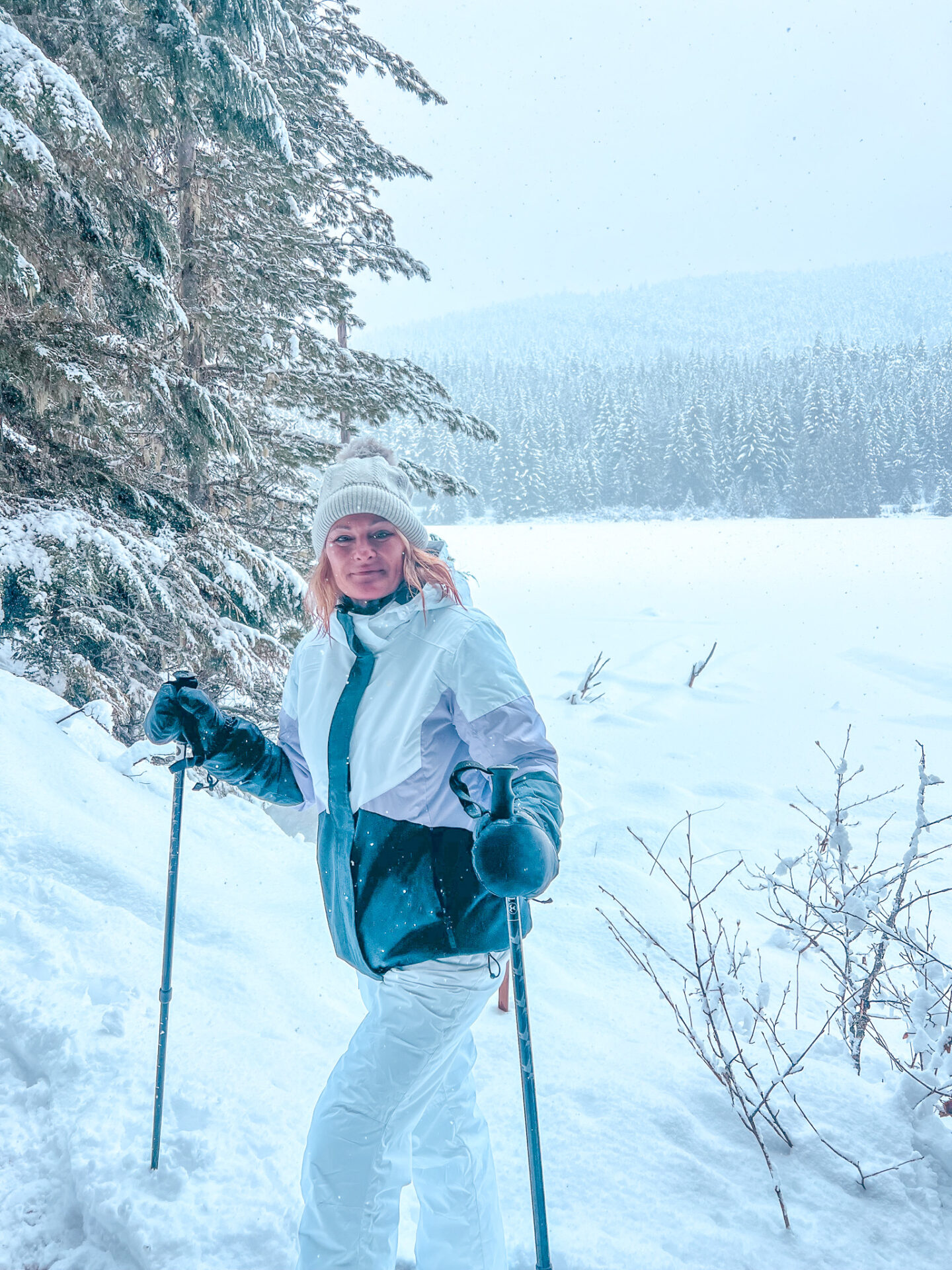 Snowshoe trail through the snowy forest at Lost Lake Park, Whistler.