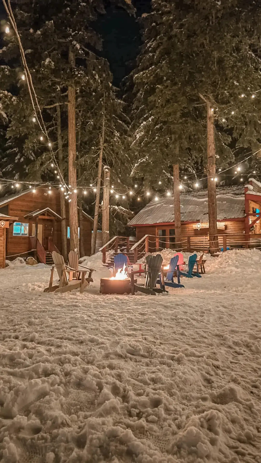 Glowing lights and snow-covered trees along the Vallea Lumina nighttime forest walk on our 48 hours in Whistler Trip