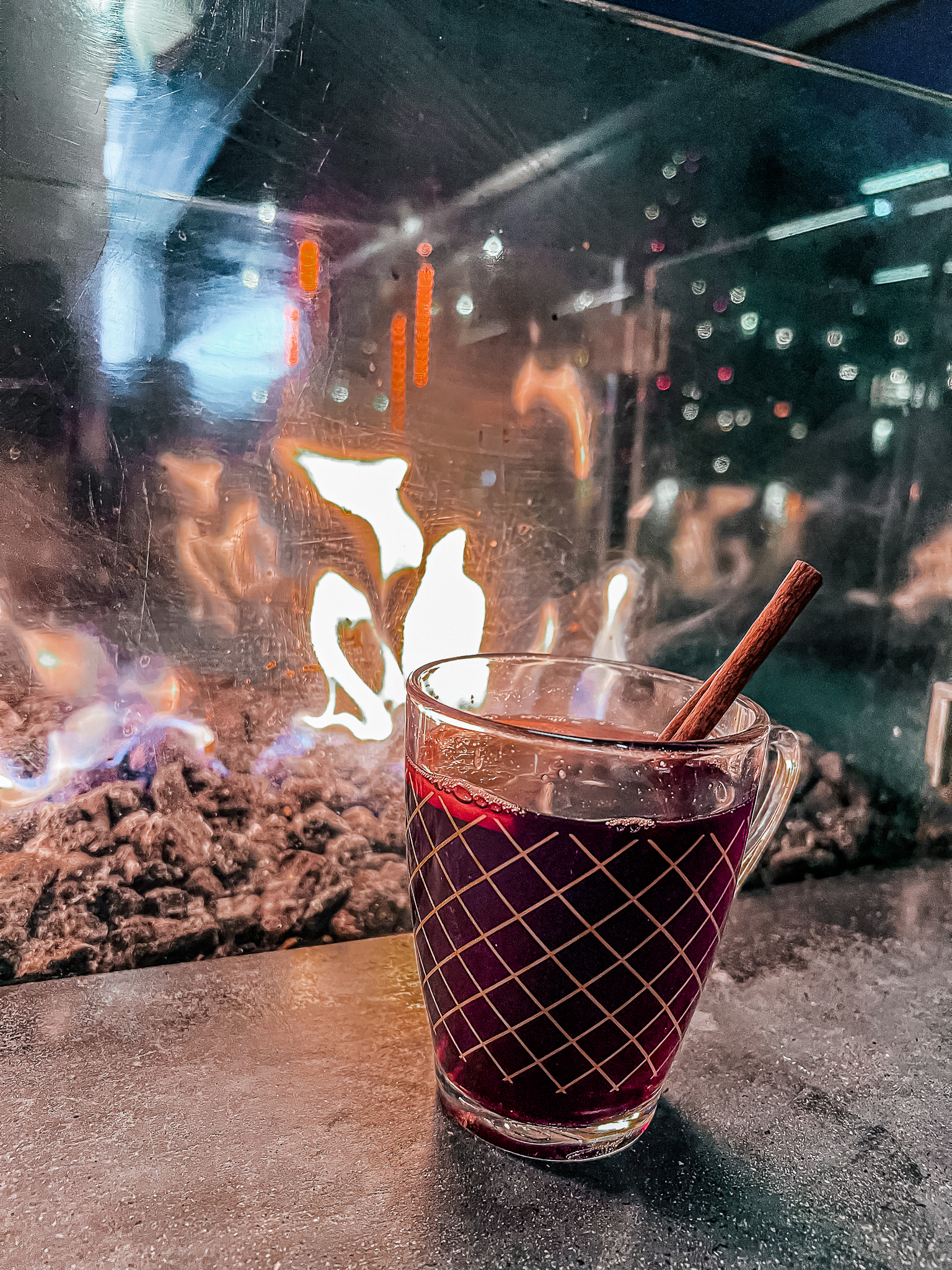 Mulled wine in front of an open fire.