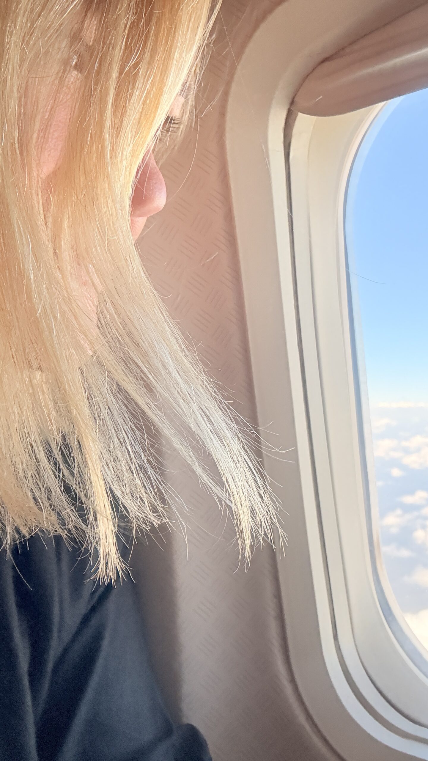Nicole looking out of an airplanes window.